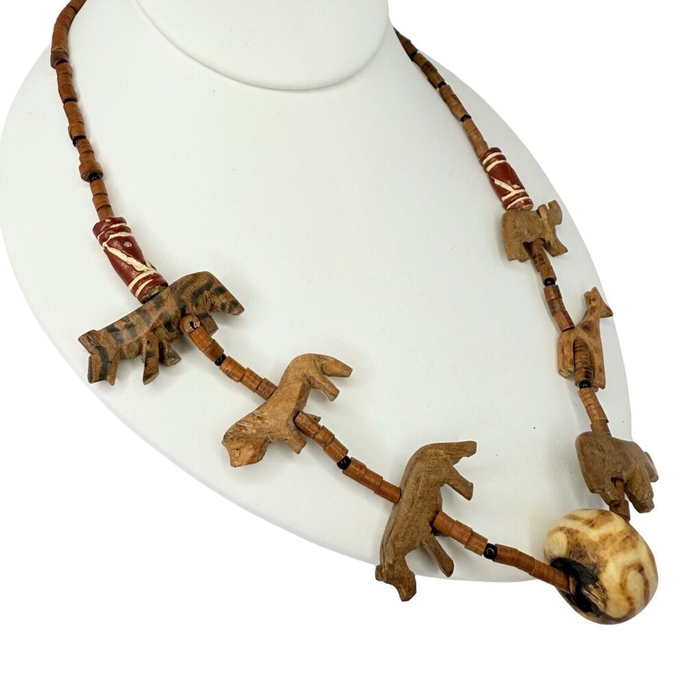 Vintage African Carved Animal Wood Beaded Necklace 29" Wild Safari Trade - Picture 3 of 12